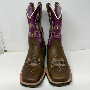 Ariat 10015390 Leather Western Boots Brown Purple Square Toe Youth Size 12